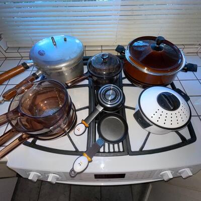 Lot 50 Vintage Cookware Dutch Oven Glass Saucepans 2 Egg Pans Steamer Pressure Cooker