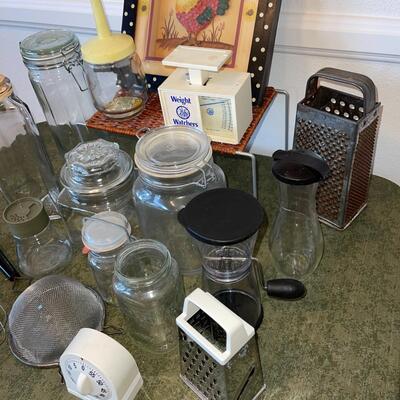 Lot 53 Assorted Kitchen Storage Jars Containers + Graters  Scale Chopper Framed Rooster