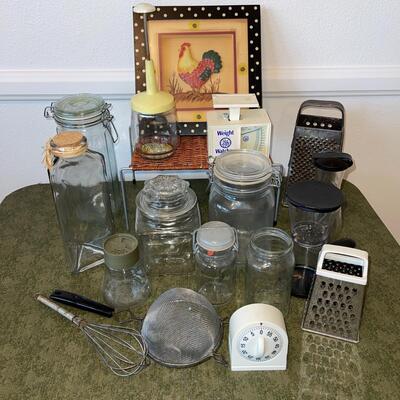 Lot 53 Assorted Kitchen Storage Jars Containers + Graters  Scale Chopper Framed Rooster