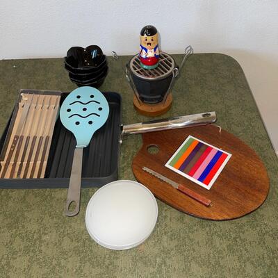 Lot 54 Mini Hibachi Grill 4 Black Lotus Bowls Fry Pan Grill Flipper Fondue Set, Cheese Board