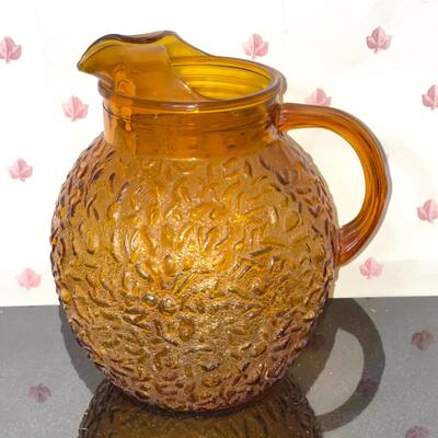 Lot 61 Vintage Amber Glass Ball Pitcher w/Ice Guard 10" tall