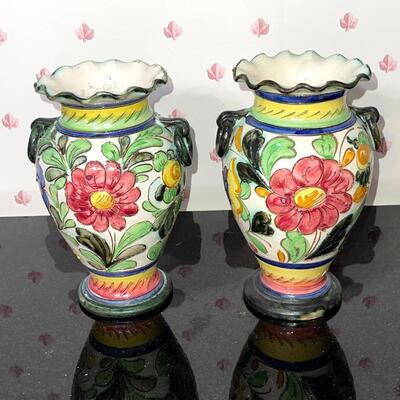 Lot 62 Pair Italy Ceramic Vases Multi-Colored Floral Motif 8"