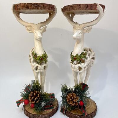 Pair of White Wood Reindeer Candle Holders Christmas Holiday Decor