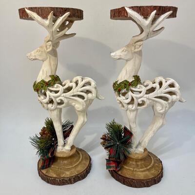 Pair of White Wood Reindeer Candle Holders Christmas Holiday Decor