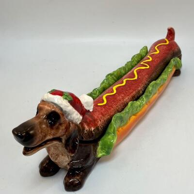 Santa Hat Dachshund Weiner Hot Dog Ceramic Covered Dish