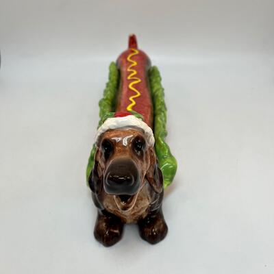 Santa Hat Dachshund Weiner Hot Dog Ceramic Covered Dish