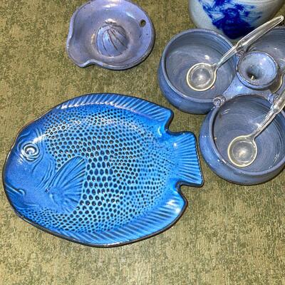 Lot 64 Blue Group of Studio Art Pottery Serving Dishes Cookie Jar Covered Crock Fish Plate 10 pcs