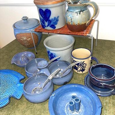 Lot 64 Blue Group of Studio Art Pottery Serving Dishes Cookie Jar Covered Crock Fish Plate 10 pcs