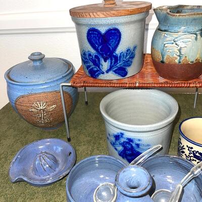 Lot 64 Blue Group of Studio Art Pottery Serving Dishes Cookie Jar Covered Crock Fish Plate 10 pcs