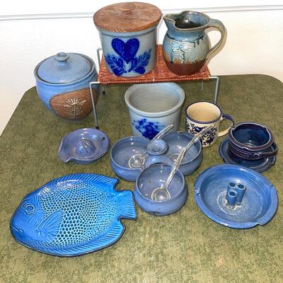 Lot 64 Blue Group of Studio Art Pottery Serving Dishes Cookie Jar Covered Crock Fish Plate 10 pcs