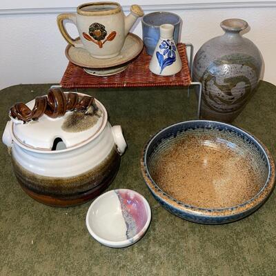 Lot 66 Group Brown & Grey Studio Art Pottery Covered Tureen Oil Jar Vase Bowls 8 pcs