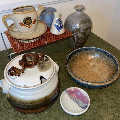 Lot 66 Group Brown & Grey Studio Art Pottery Covered Tureen Oil Jar Vase Bowls 8 pcs