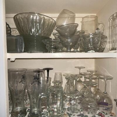 Lot 67 Cupboard of Clear Glass Dishes Glasses Bowls Pitchers Wine Serving