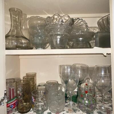 Lot 67 Cupboard of Clear Glass Dishes Glasses Bowls Pitchers Wine Serving