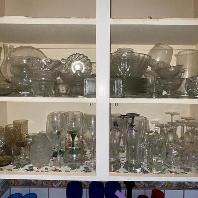Lot 67 Cupboard of Clear Glass Dishes Glasses Bowls Pitchers Wine Serving