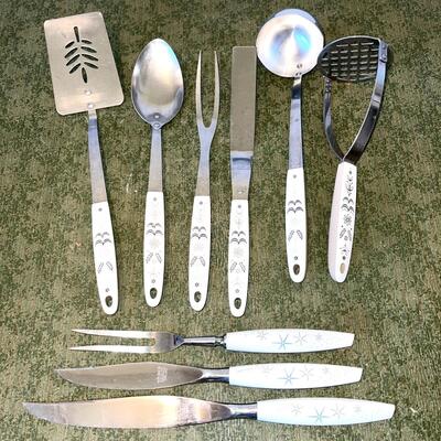 Lot 69 Mid Century Modern Starburst Carving Knives & Fork + Set Kitchen Utensils Masher Spoon Spatula
