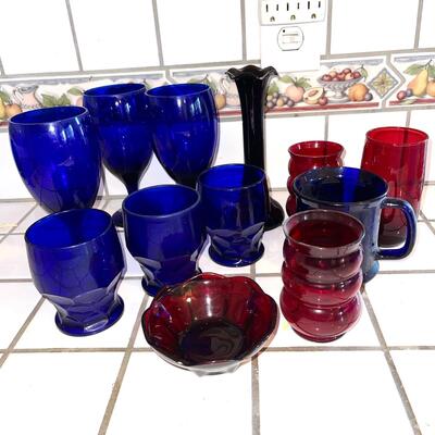 Lot 72 Vintage Glassware Cobalt Blue & Red 12 pcs Depression Glass