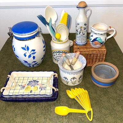 Lot 74 Group Decorative Kitchen Items 10" Ceramic Canister Plastic Utensils