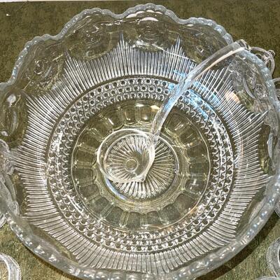 Lot 76 Vintage Glass Punch Bowl 1940s w/ Laddle and 24 Glass Cups