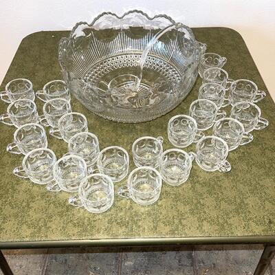 Lot 76 Vintage Glass Punch Bowl 1940s w/ Laddle and 24 Glass Cups