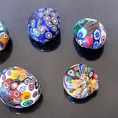 Lot 77 Purple Cut to Clear Glass Pitcher and 5 Millefiori Mini Paper Weights Tension Stones
