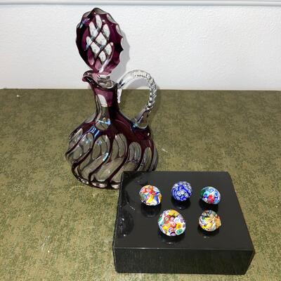 Lot 77 Purple Cut to Clear Glass Pitcher and 5 Millefiori Mini Paper Weights Tension Stones
