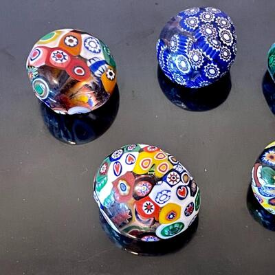 Lot 77 Purple Cut to Clear Glass Pitcher and 5 Millefiori Mini Paper Weights Tension Stones