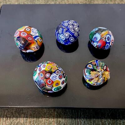 Lot 77 Purple Cut to Clear Glass Pitcher and 5 Millefiori Mini Paper Weights Tension Stones