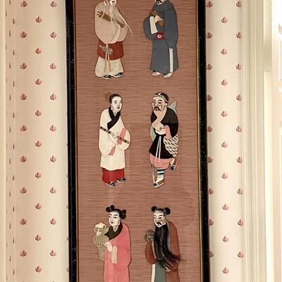 Lot 79 Framed Asian Characters Under Glass Different Cloths and Painted Faces 40 x 15"
