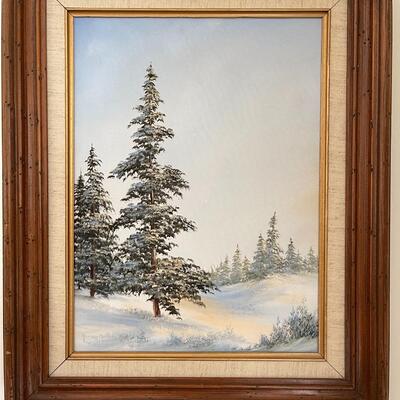 Lot 83 Framed Snowy Pine Trees Acrylic Painting 17 x 21 Maureen Manaxa