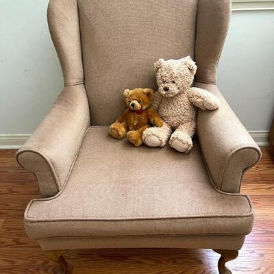 Lot 91 Vintage Wing Back Chair Upholstered Queen Anne Legs + 2 Teddy Bears