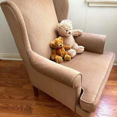 Lot 91 Vintage Wing Back Chair Upholstered Queen Anne Legs + 2 Teddy Bears