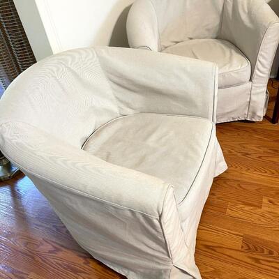 Lot 92 Pair White Slip Covered White Barrel Chairs IKEA
