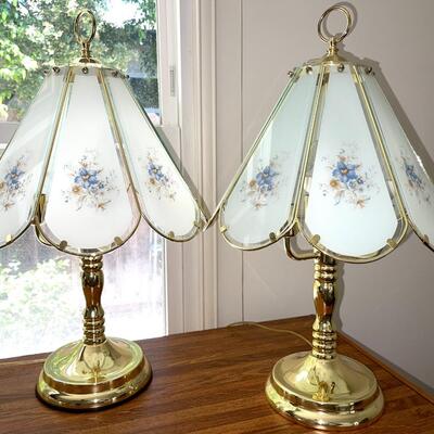 Lot 99 Pair Boudoir Brass Finish Lamps Floral Panels 21" tall