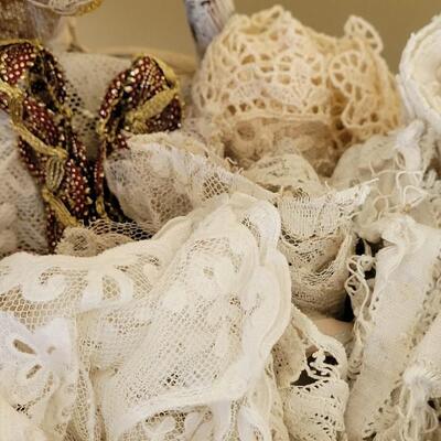 Lot 78: White Basket filled with Antique Lace Dollies, Cuttings/Ribbon/Trims/Collars