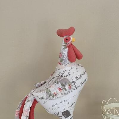 Lot 95: Plush Rooster, Metal Flower Basket and Green Chicken Egg Deco