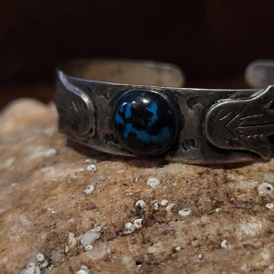 Lot 114: Vintage Sterling Silver Native American Cuff Bracelet w/ Center Stone Accent