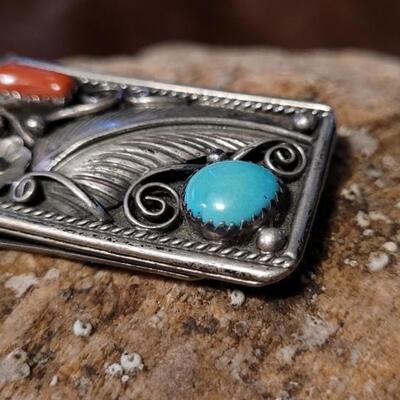 Lot 118: Vintage Sterling Silver Native American Money Clip w/ Turquiose and Coral Accents