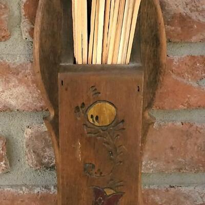 Carved wooden match stick holder for fireplace