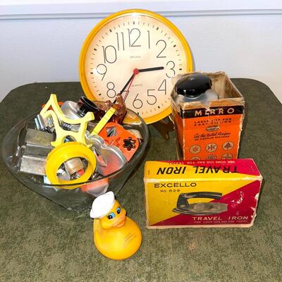 Lot 119 Retro Kitchen Stuff Cookie Cutters Wall Clock Morro Cookie Press Travel Iron Rubber Duck
