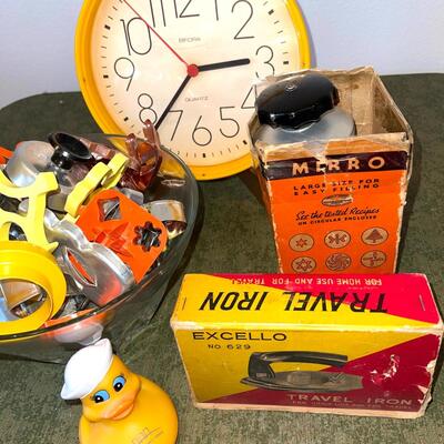 Lot 119 Retro Kitchen Stuff Cookie Cutters Wall Clock Morro Cookie Press Travel Iron Rubber Duck