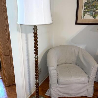 Lot 125 Vintage Floor Lamp  Wood Spindles w/Metal Spacers Fabric Shade 60"