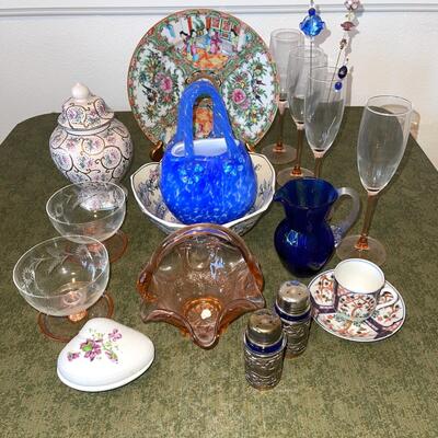Lot 127 Assorted Glass Ceramic Home Decor Baskets Champagne Flutes Etched Ginger Jar + More