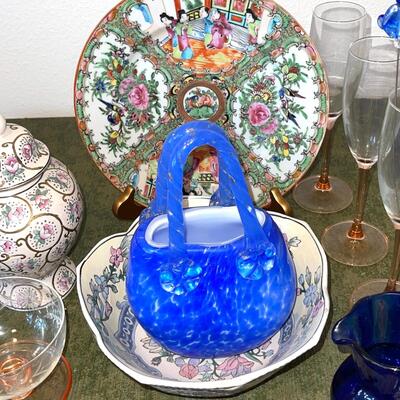 Lot 127 Assorted Glass Ceramic Home Decor Baskets Champagne Flutes Etched Ginger Jar + More