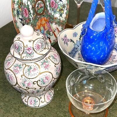 Lot 127 Assorted Glass Ceramic Home Decor Baskets Champagne Flutes Etched Ginger Jar + More