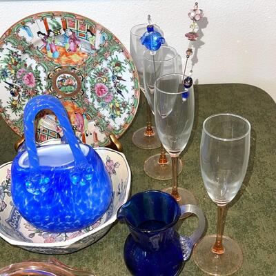 Lot 127 Assorted Glass Ceramic Home Decor Baskets Champagne Flutes Etched Ginger Jar + More