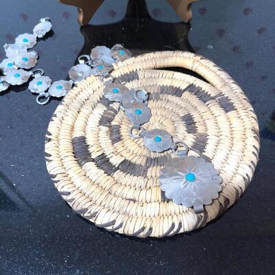 Lot 131 Pair Native American Papago Woven Trays + Painted Tile California Mission + Concho Belt