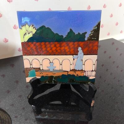 Lot 131 Pair Native American Papago Woven Trays + Painted Tile California Mission + Concho Belt