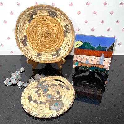 Lot 131 Pair Native American Papago Woven Trays + Painted Tile California Mission + Concho Belt