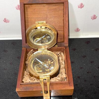 Lot 133 Brass Compass In Wooden Box Natural Sine 5" Across Nautical Sailing